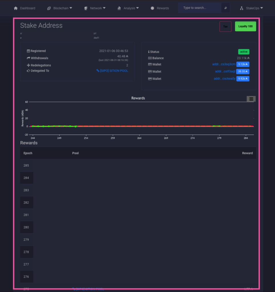 エポック毎のステーキング報酬の確認方法 – SIPO：Cardano ADA SITION Stake Pool