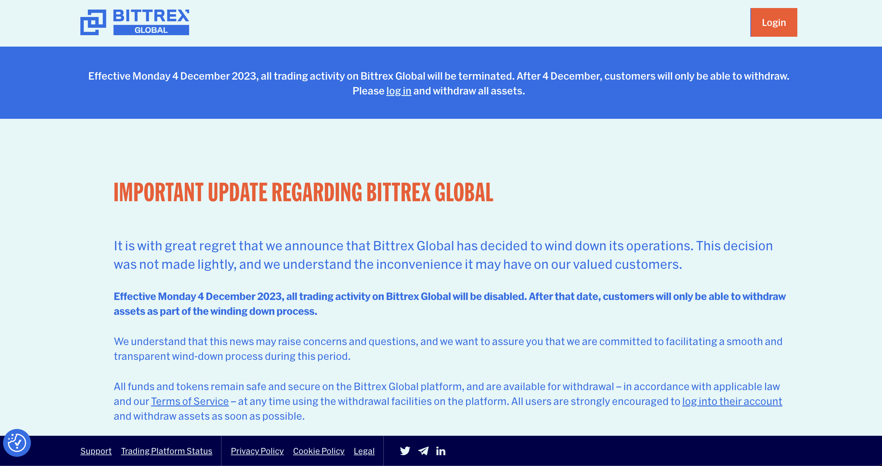 Bittrex Globalが、2023年12月4日をもってすべての取引活動は終了とアナウンス – SIPO：Cardano ADA SITION  Stake Pool
