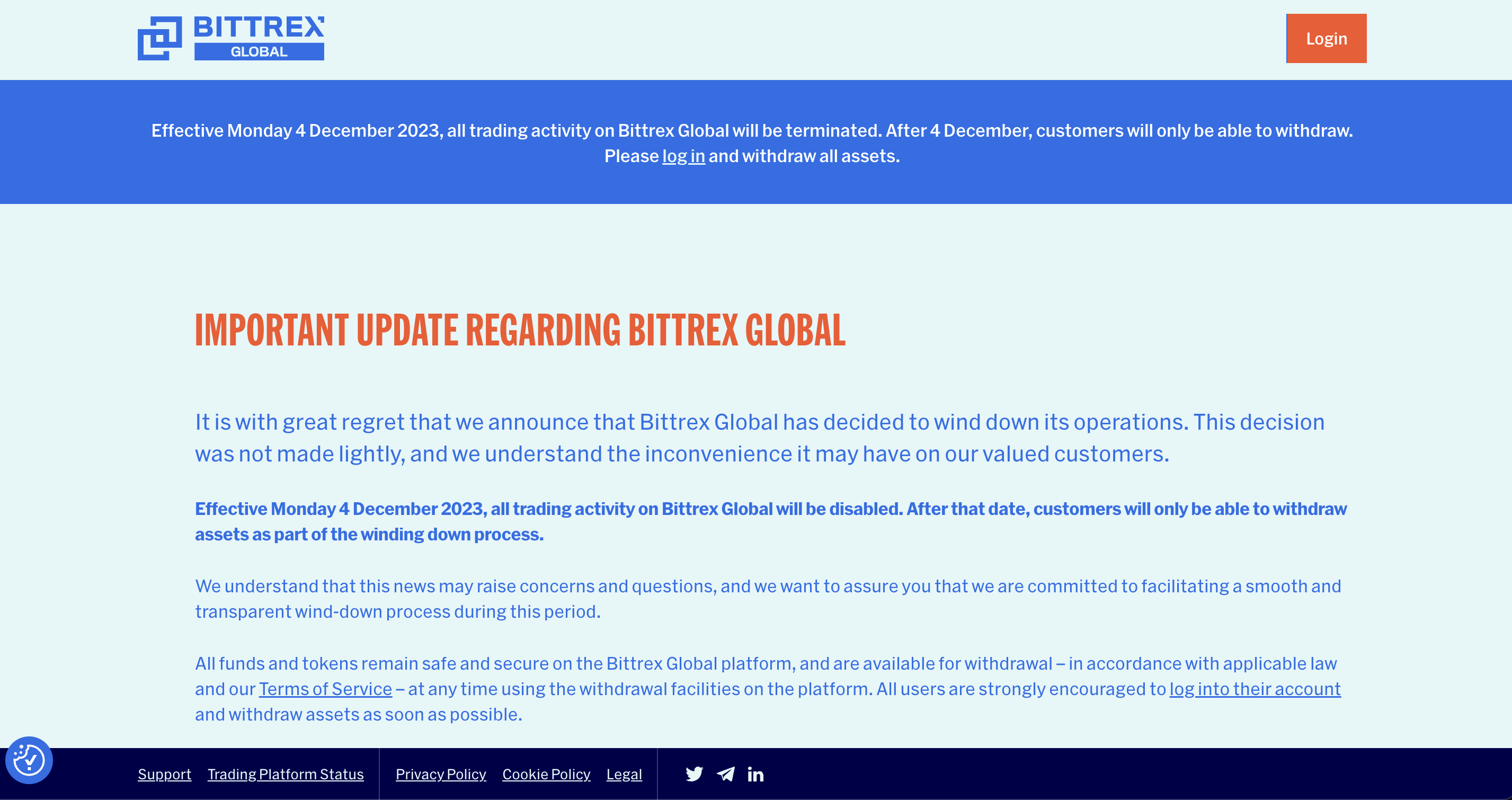 Bittrex Globalが、2023年12月4日をもってすべての取引活動は終了と 