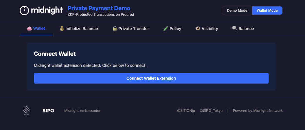 デモの Wallet Mode — ウォレット拡張の接続前画面