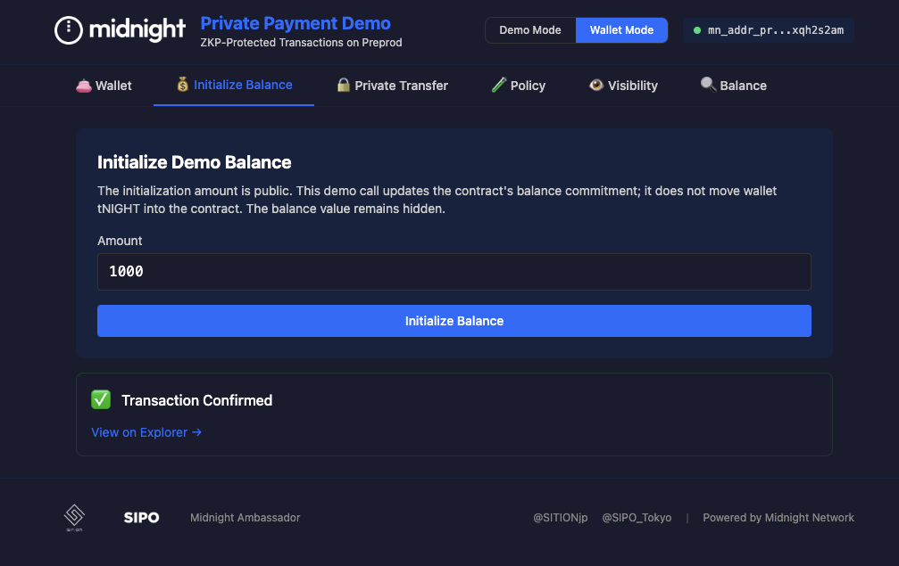 Initialize Balance — 最初の残高 1000pt を登録し Transaction Confirmed