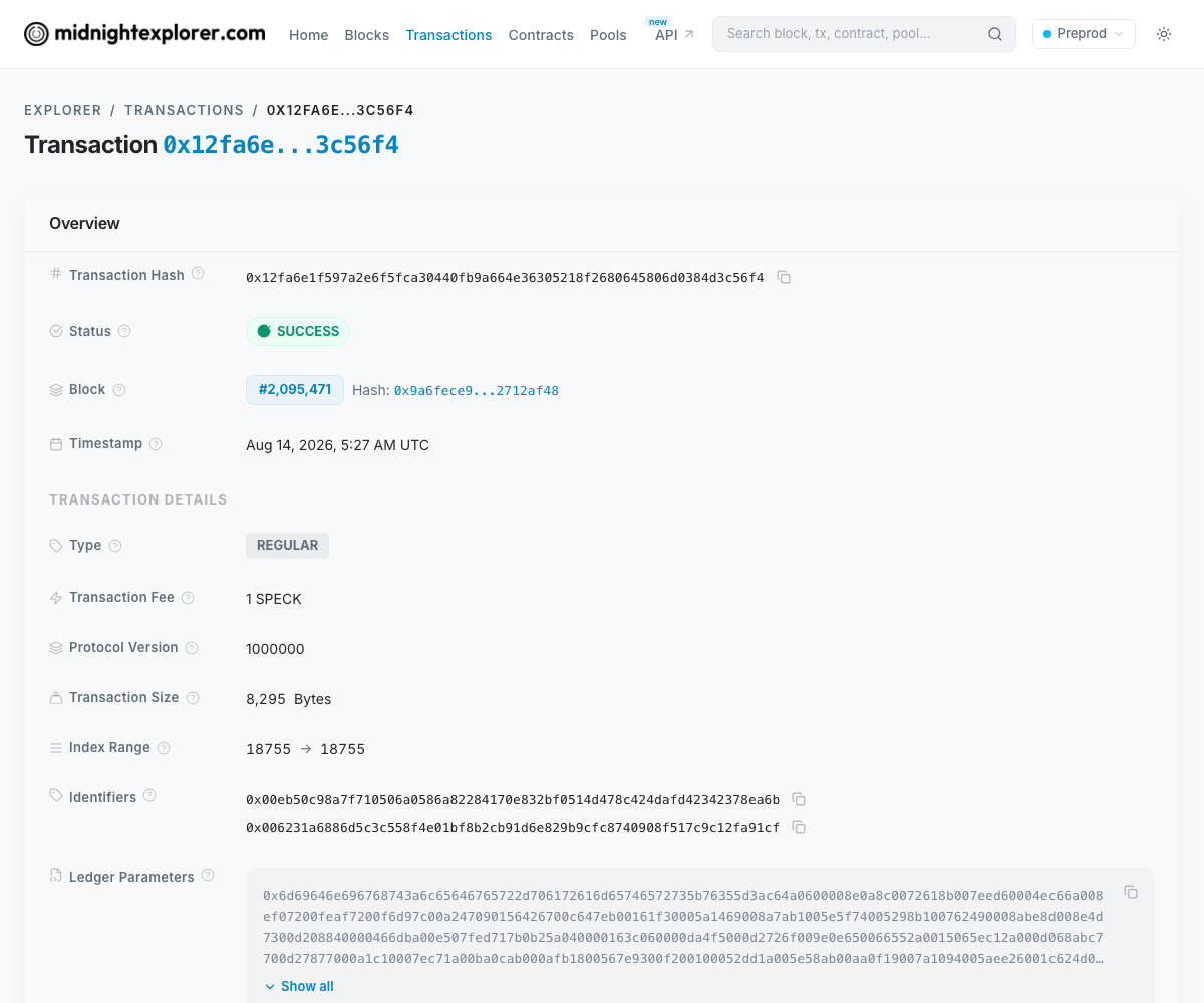Midnight Explorer 上の実際の取引ページ — 金額はどこにも表示されない