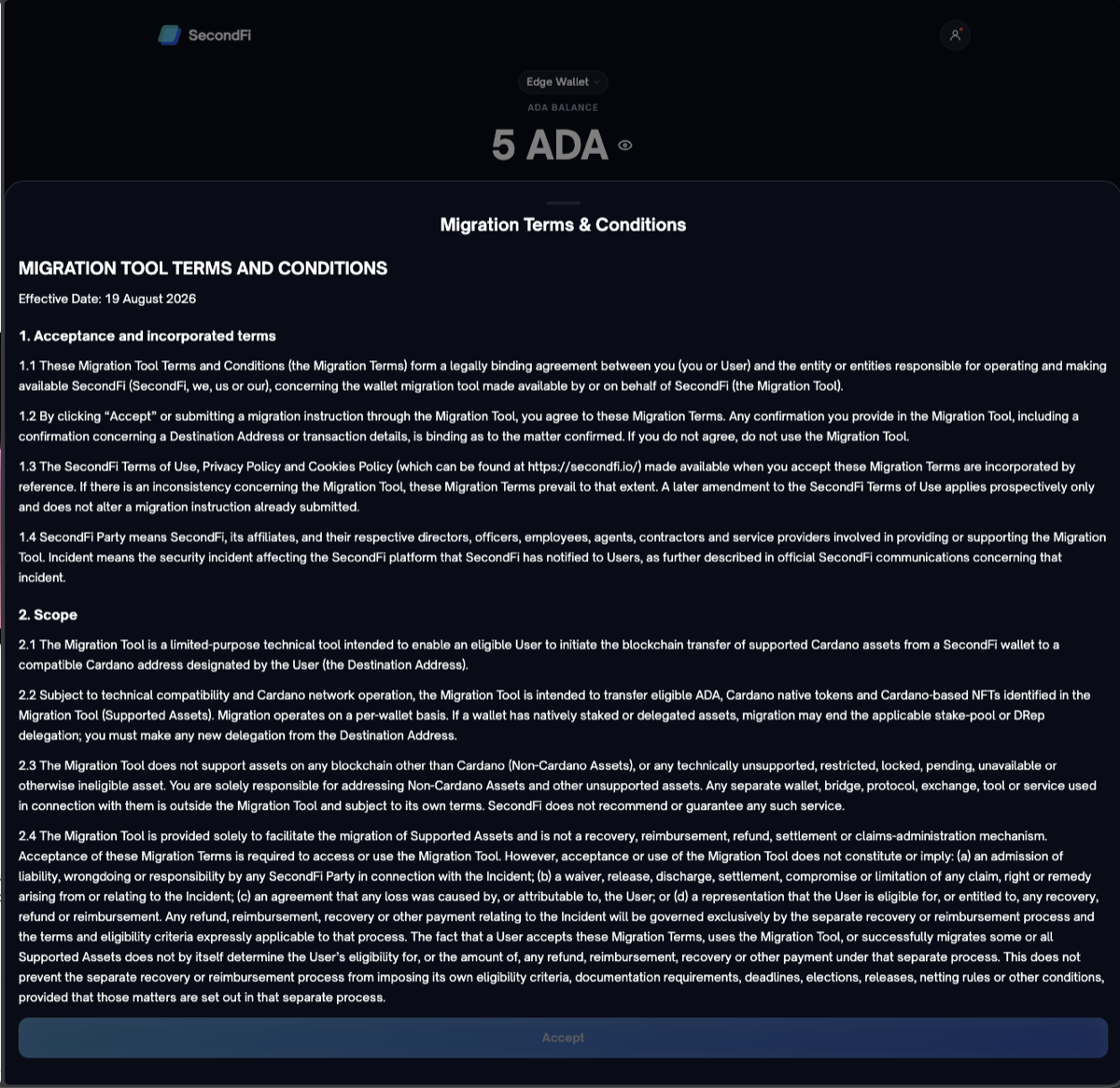 復元直後に表示される移行専用の利用規約(Migration Tool Terms and Conditions・発効日 2026 年 8 月 19 日)。アプリの中でしか読めない