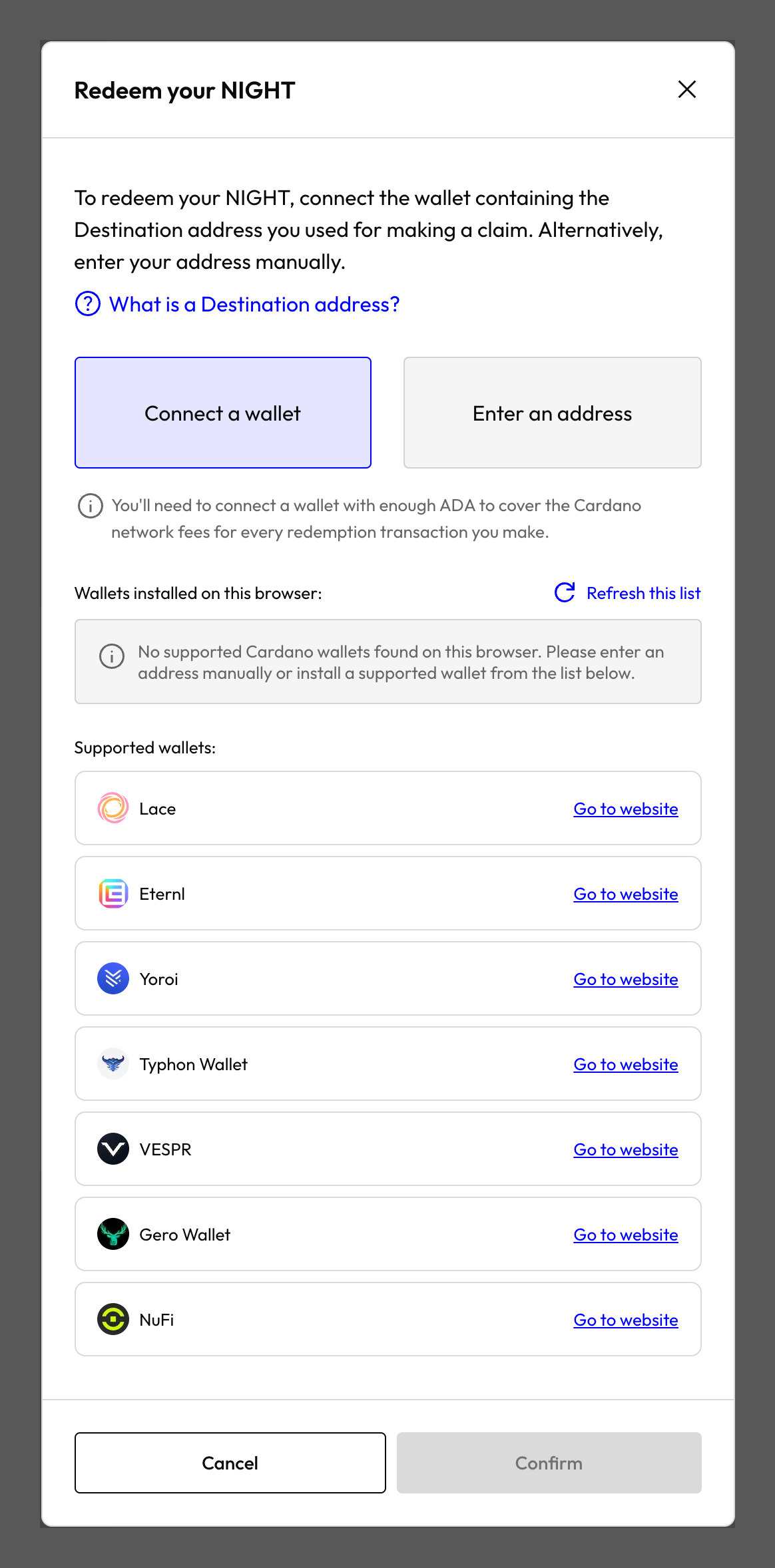 「Redeem your NIGHT」を押して開く接続画面。「Connect a wallet」と「Enter an address」の選択、手数料の注意書き、対応ウォレット 7 種の一覧