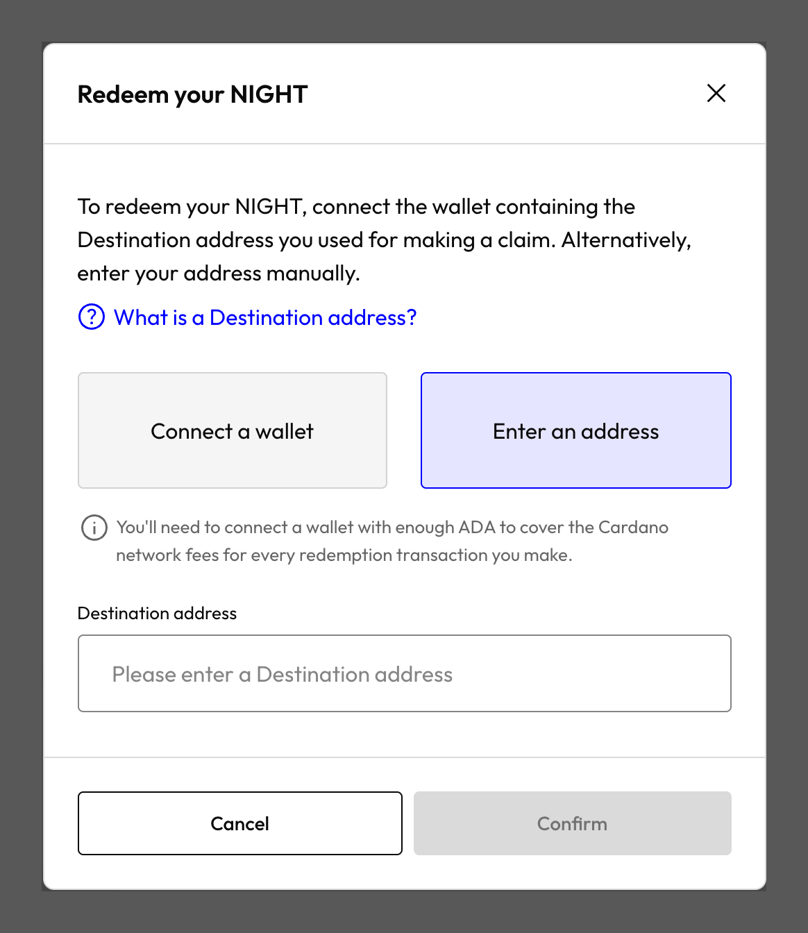 「Enter an address」を選んだ状態の接続画面。Destination address の入力欄が表示されている