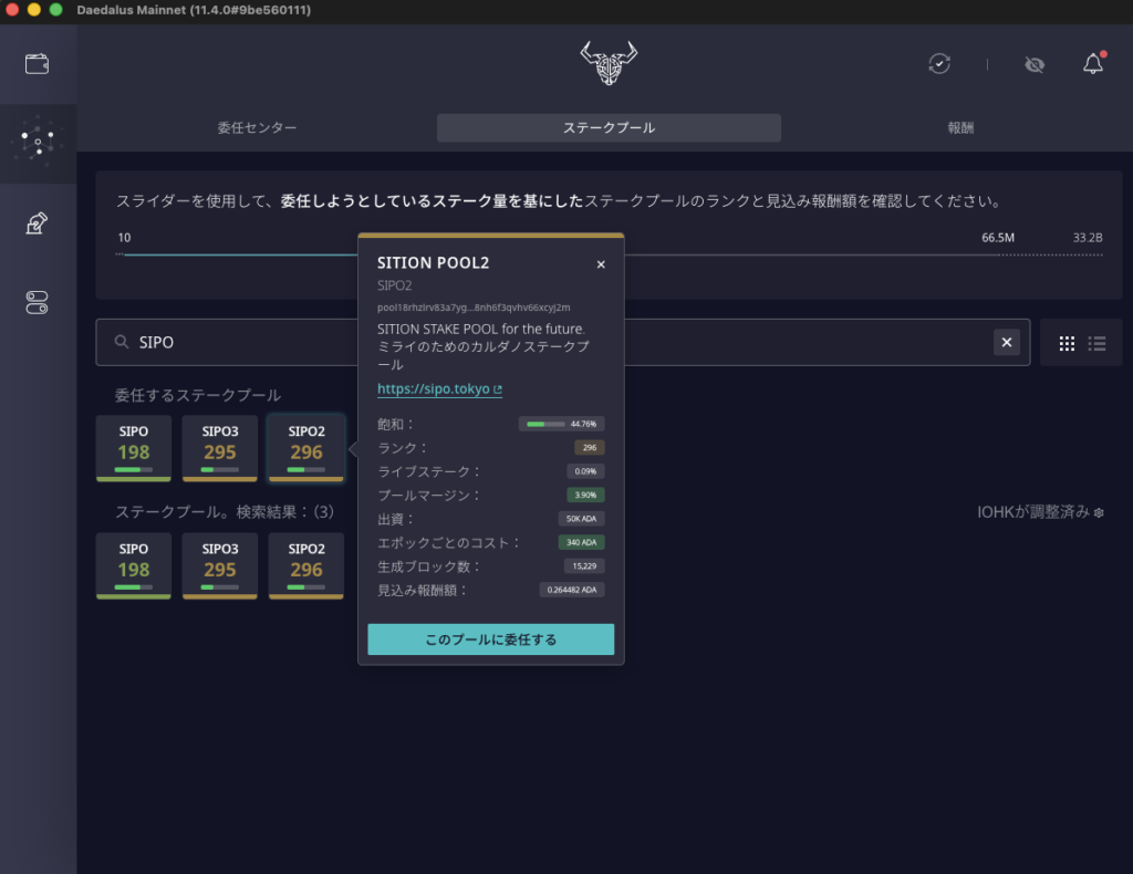 SIPO2 の情報。飽和 44.76%、プールマージン 3.90%、出資 50K ADA、エポックごとのコスト 340 ADA、生成ブロック数 15,229 と「このプールに委任する」ボタン