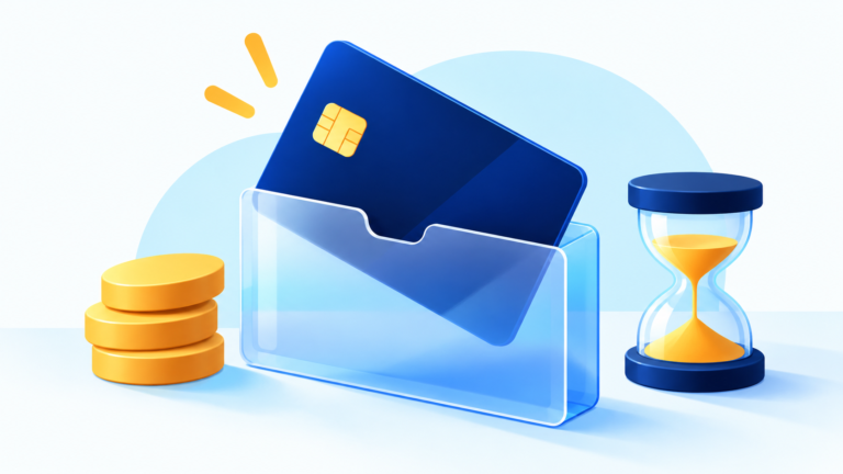 カードの利用終了前に残高を確認するイメージ。透明なケースに入る青い決済カード、金色の円盤、砂時計。