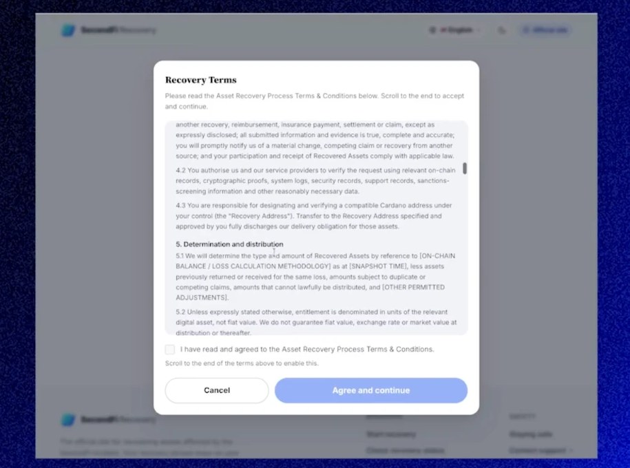 Recovery Terms のダイアログ。末尾までスクロールすると同意欄が有効になる