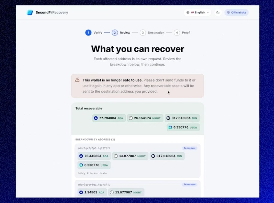 What you can recover の画面。回復可能な資産の合計とアドレス別の内訳が表示されている