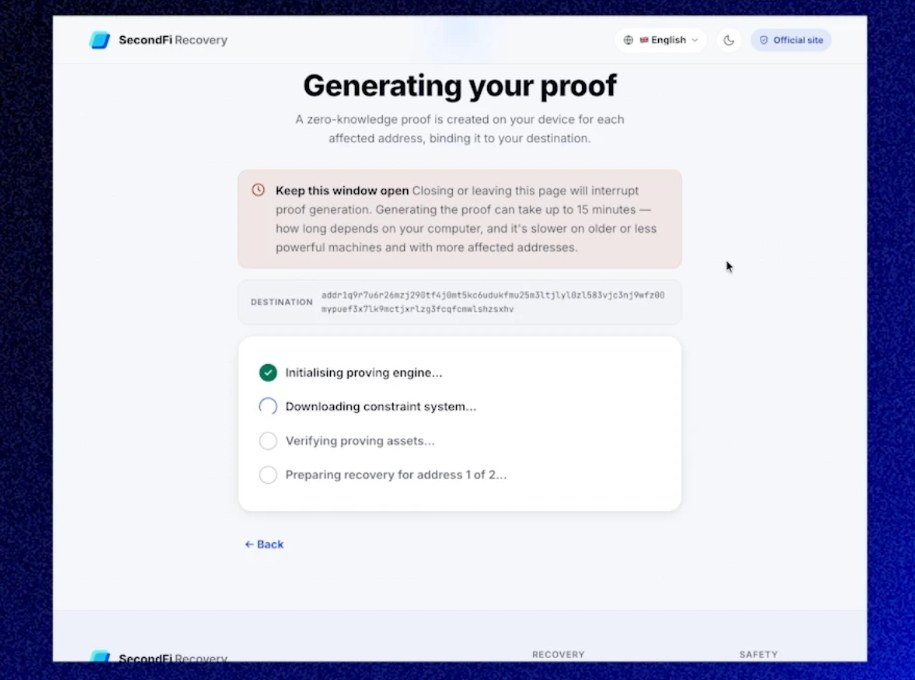 Generating your proof の画面。証明生成の進み具合が段階ごとに表示されている