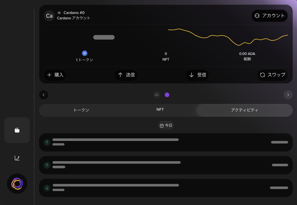 アクティビティのタブ。今日の見出しの下に、送金2件と入金1件の行